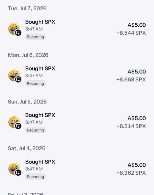 Recurring SPX purchases of A$5.00 made daily at 8:47 AM, accumulating 8.362 to 8.668 SPX per day from July 4-7, 2026.