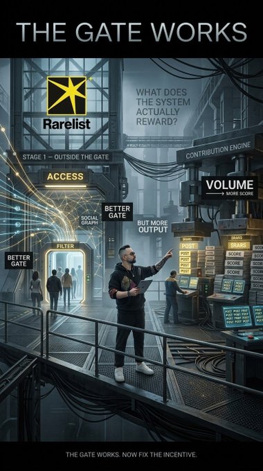 A conceptual graphic titled "THE GATE WORKS" featuring a person standing in an industrial setting labeled "Rarelist," with text including "STAGE 1 – OUTSIDE THE GATE," "CONTRIBUTION ENGINE," "VOLUME = MORE SCORE," and "THE GATE WORKS. NOW FIX THE INCENTIVE."