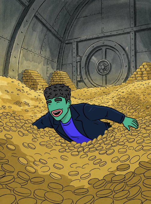 A cartoon illustration depicts a green-skinned character in a suit swimming happily through a massive vault filled with gold coins and bars.
