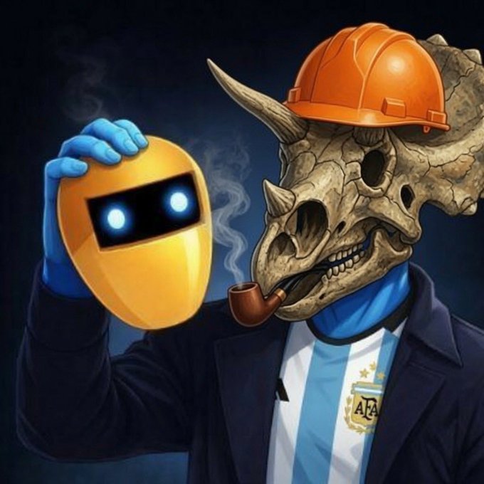 Digital artwork of a triceratops dinosaur skull wearing an orange construction hard hat, smoking a pipe, and wearing an Argentina national team soccer jersey while holding up a yellow robot mask with glowing blue eyes.