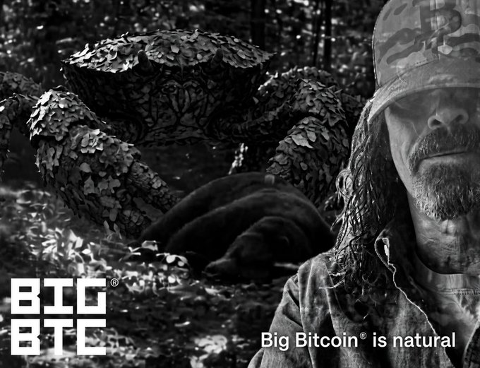 Black and white promotional image for Big BitCoin (BIG BTE) showing a man wearing a camouflage cap and a bear in a forest, with the tagline 'Big Bitcoin® is natural'.