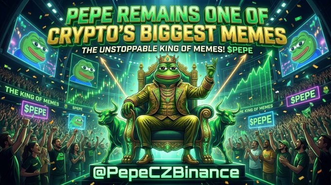 A promotional crypto meme graphic featuring Pepe the Frog dressed as a king on a throne surrounded by a cheering crowd, with text reading 'PEPE REMAINS ONE OF CRYPTO'S BIGGEST MEMES' and the handle '@PepeCZBinance'.
