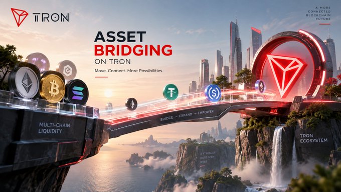 A promotional graphic for TRON featuring the text 'ASSET BRIDGING ON TRON' and 'Move. Connect. More Possibilities.', depicting cryptocurrency coins connected by a bridge over a futuristic city landscape.