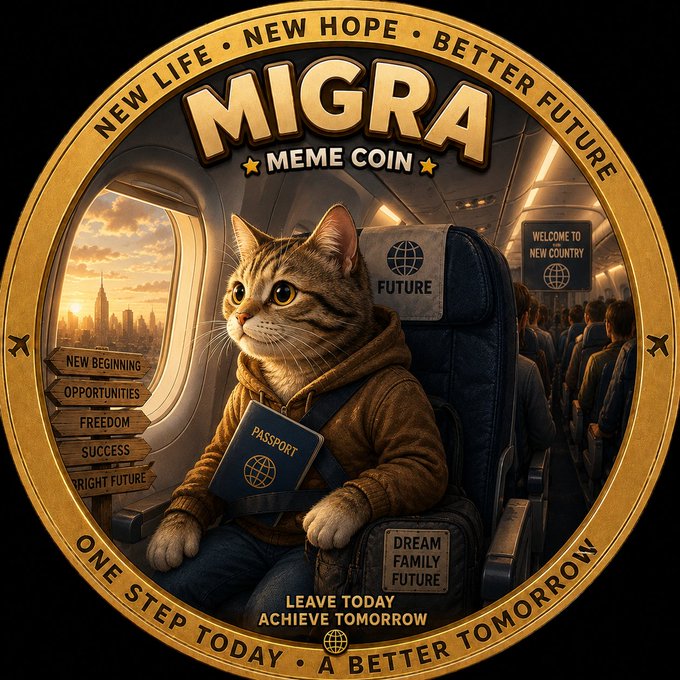 A circular golden badge for 'MIGRA MEME COIN' featuring a cat in a hoodie holding a 'PASSPORT' on an airplane, with text including 'NEW LIFE • NEW HOPE • BETTER FUTURE' and 'ONE STEP TODAY • A BETTER TOMORROW'.