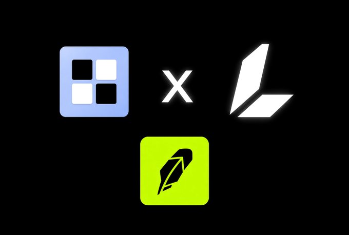 The image shows four app-style icons on a black background: a blue app with a four-square grid pattern on the left, a white "X" in the center, a white angular logo on the upper right, and a green app featuring a black quill/feather design on the bottom right. The arrangement visually represents the cross-platform partnerships mentioned in the post, with the icons symbolizing the various platforms and services involved in TheIndexFi's real-world asset trading ecosystem built on Lighter.xyz.