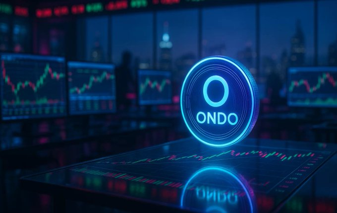 A glowing blue ONDO coin token rests on a trading terminal with candlestick charts in the background.