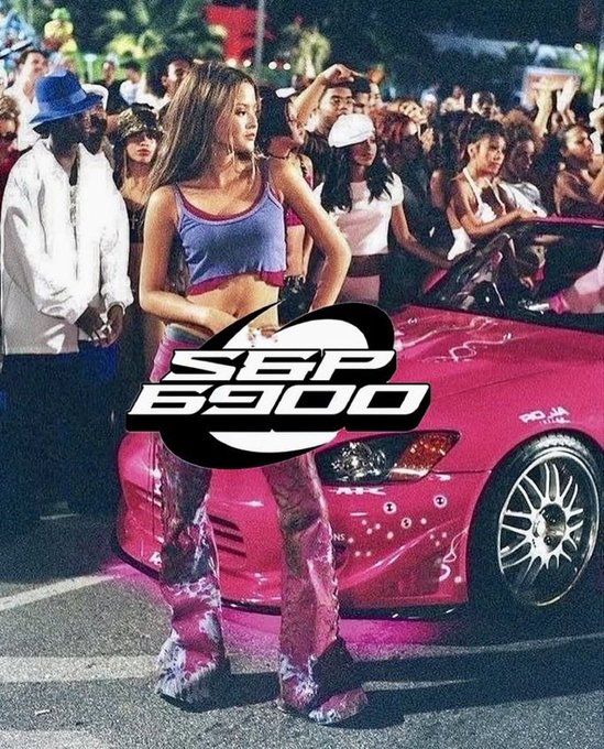 A woman in a purple top and tie-dye pants stands next to a hot pink modified convertible with custom graphics, with bold "SSB 6900" text overlaid on the scene, while a crowd gathers behind her.

The image's juxtaposition of flashy car culture and a confident pose against the text "SSB 6900" reflects the poster's message about holding onto small, underdog crypto investments with long-term conviction despite not yet seeing returns.