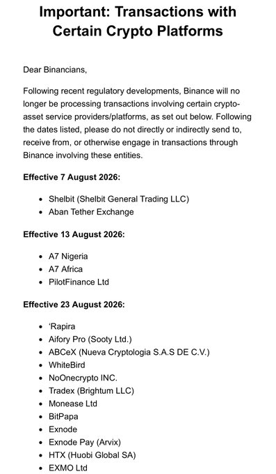 The image shows a Binance email titled "Important: Transactions with Certain Crypto Platforms" informing users that, following regulatory developments, Binance will stop processing transactions involving several listed crypto platforms, including Shelbit and Aban Tether Exchange effective August 7, 2026, A7 Nigeria, A7 Africa, and PilotFinance Ltd effective August 13, 2026, and ten others including Ripira, Alfory Pro, and ABCEx effective August 23, 2026. The image relates to the accompanying post by highlighting that Binance only recently flagged Aban Tether Exchange as a problematic platform, with the delisting effective August 7, 2026.