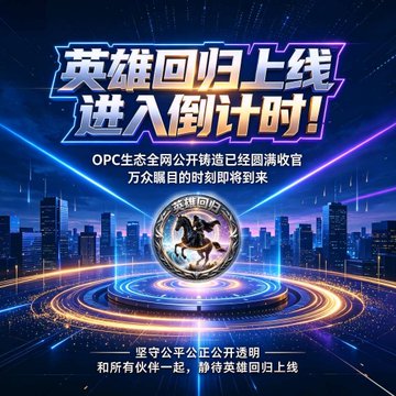 A neon-lit promotional poster featuring Chinese text announcing a hero return and countdown, with an OPC ecosystem announcement and a central circular emblem displaying a warrior on horseback.