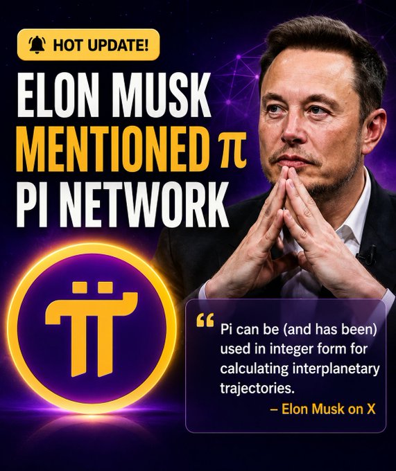 The image is a promotional graphic featuring a photo of Elon Musk with text reading "HOT UPDATE! ELON MUSK MENTIONED π PI NETWORK" alongside the Pi Network logo and a quote attributed to Musk stating "Pi can be (and has been) used in integer form for calculating interplanetary trajectories." The graphic misleadingly suggests Musk endorsed Pi Network, but the accompanying post clarifies he was actually discussing the mathematical constant π, not the cryptocurrency project.
