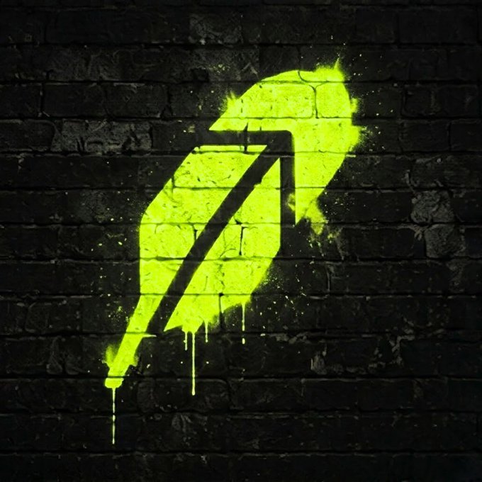 A neon green paint splatter in the shape of a feather is stenciled on a dark brick wall, evoking the Robinhood logo in a raw, graffiti-style execution that visually reinforces the post's message about the platform's continued improvement.