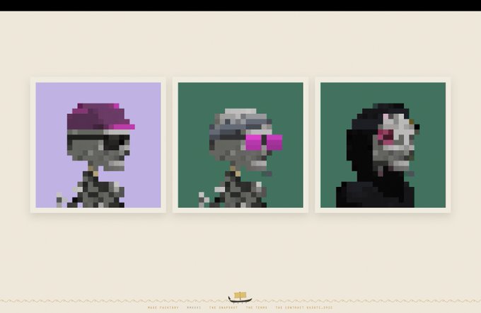 Three framed pixel art portraits of skeletal figures wearing different hats and glasses against colored backgrounds.