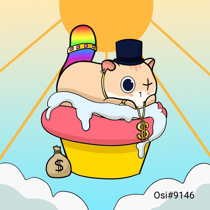 A cartoon illustration of a hamster wearing a top hat and a rainbow tail, sitting in a yellow pot of gold with a money bag beside it, labeled 'Osi#9146'.