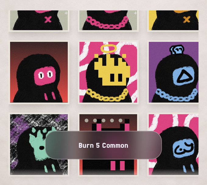 A digital artwork featuring stylized black hooded figures with colorful designs including a pink skull, yellow crown, purple triangle, and other graphics, with a button overlay reading 'Burn 5 Common'.