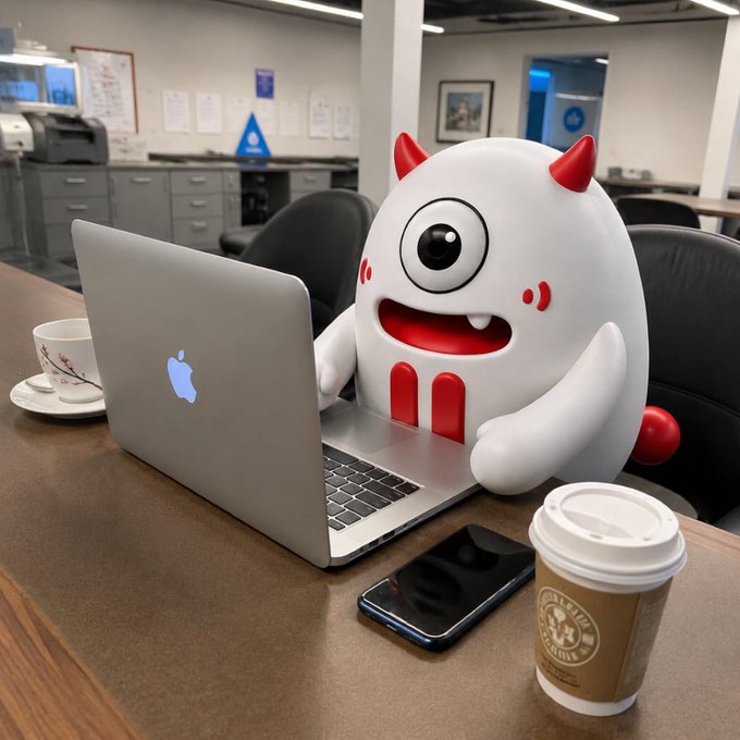 A 3D-rendered cartoon monster with one large eye, red horns, and a wide smile sitting at a desk using a MacBook laptop, accompanied by a coffee cup, smartphone, and tea cup in an office setting.