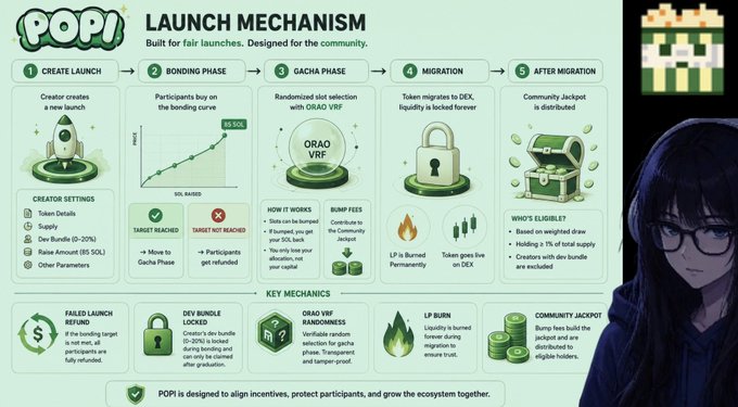 An infographic titled 'POP! LAUNCH MECHANISM' explaining a 5-step process (Create Launch, Bonding Phase, Gacha Phase, Migration, After Migration) with an anime-style character and pixel art icon on the right side.