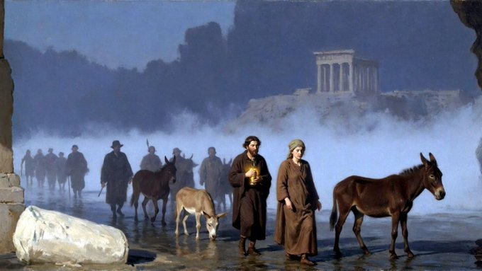 The image depicts a misty landscape painting featuring figures with a donkey and calf walking through fog toward the viewer, with the ancient ruins of the Temple of Concordia visible on a hill in the background. This matches the announced "Panorama Tableau #34" by Yigit Duman, showcasing a serene, atmospheric scene evocative of Sicily's Valley of the Temples.