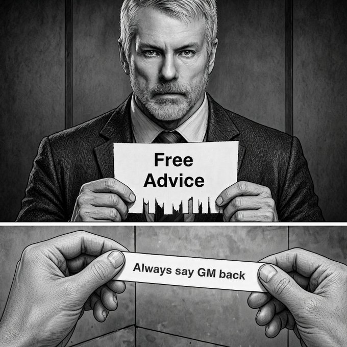 A black-and-white illustration shows a stern-looking man in a suit holding a torn paper labeled 'Free Advice,' with a second panel below showing hands tearing it to reveal the advice 'Always say GM back.'