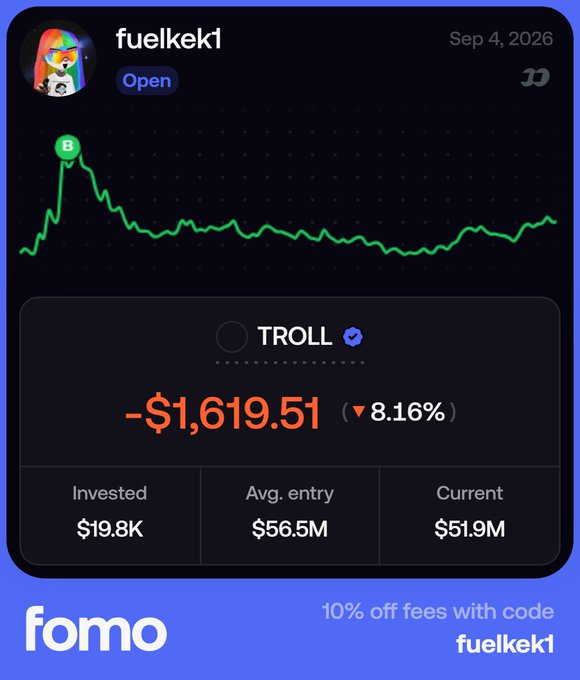 A FOMO app trading dashboard showing user 'fuelkek1' with a TROLL token position showing -$1,619.51 loss (8.16%), with invested $19.8K and current value $51.9M, with a '10% off fees with code fuelkek1' promotion.