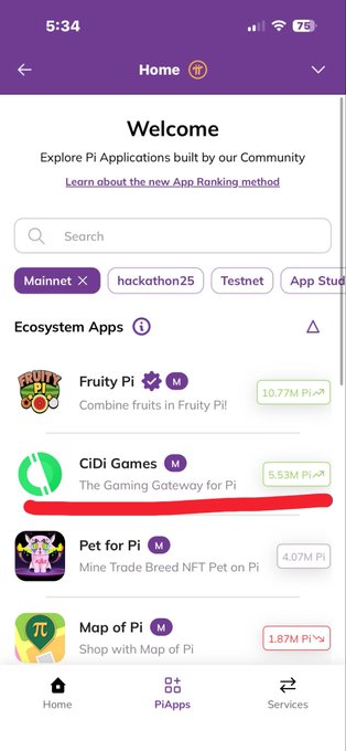 The image shows a phone screen displaying an app store page with several apps, including one named "Fruity Pi" that has a rating of 4.7 stars out of 5. The app appears to be a game or application related to fruits, possibly for pets. The user's home screen is also visible in the bottom right corner of the image.