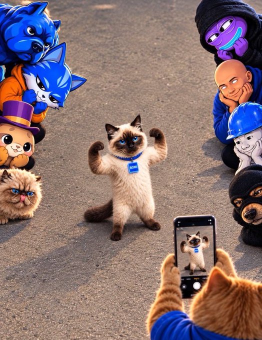 A Siamese cat stands on its hind legs in the center of a group of plush toys and cartoon character cutouts, while another cat takes its photo with a smartphone.