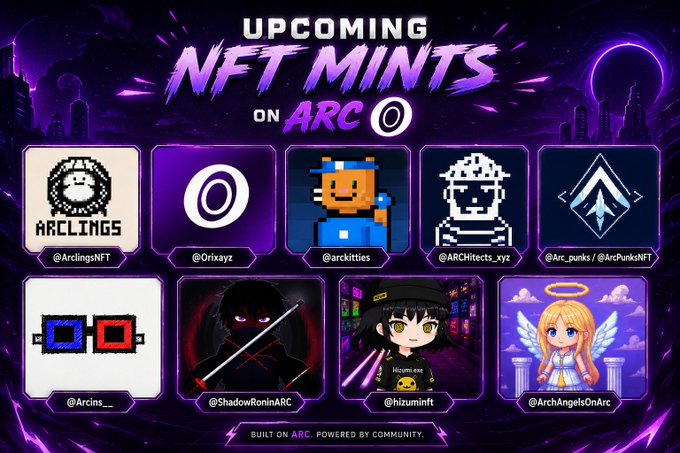 A promotional graphic titled 'UPCOMING NFT MINTS ON ARC' displays nine different NFT collections including @ArclingsNFT, @Orixaxyz, @arckitties, @ARCHitects_xyz, @Arc_punks, @ArcpunksNFT, @Arcins__, @ShadowRoninARC, @hizuminft, and @ArchAngelsOnArc.
