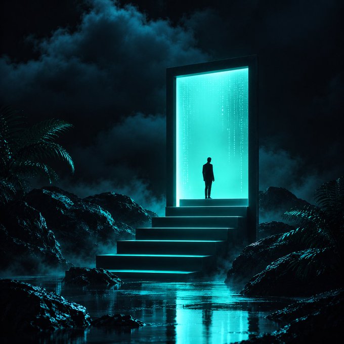 A moody, dark fantasy digital artwork showing a silhouetted figure standing in a glowing cyan doorway at the top of illuminated steps, surrounded by mist, rocks, and tropical foliage.