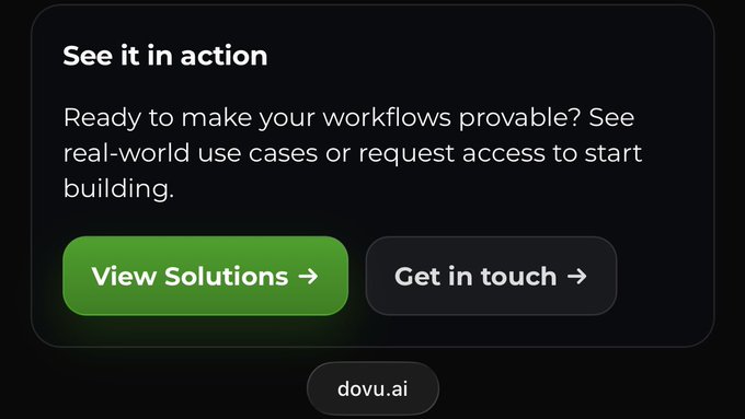 A dark UI panel titled 'See it in action' promoting workflow provability, featuring green 'View Solutions' and dark 'Get in touch' call-to-action buttons with the dovu.ai branding below.