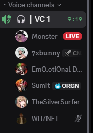A Discord voice channel interface showing users "Monster" (marked LIVE), "7xbunny", "Em0.oti0nal D...", "Sumit" (with ORGN role), "TheSilverSurfer", and "WH7NFT" in VC1. The image appears to show a group of crypto/NFT enthusiasts, with "Sumit" wearing an ORGN role that likely ties to the foo NFT collection mentioned in the post celebrating catching the bottom of a mint.