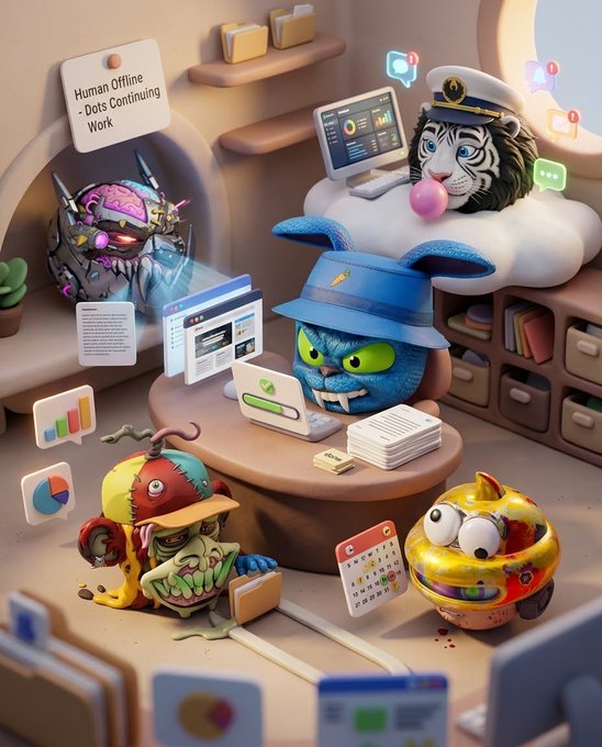 A 3D-style digital illustration of various characters, such as a tiger, a robot, and colorful creatures, working on laptops and charts, with a sticky note that reads 'Human Offline - Dots Continuing Work'.