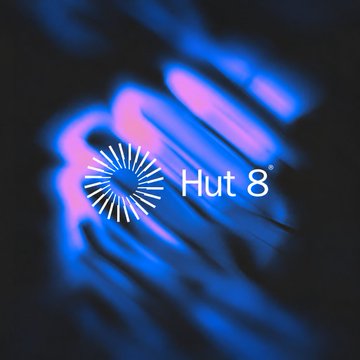 The image shows the Hut 8 logo, featuring its sunburst emblem and "Hut 8" text, set against a blurred neon blue and pink background. This branding relates to the post announcing that the crypto mining company Hut 8 (ticker $HUT) won a $140 million bid for Poolin's Texas data center assets in a bankruptcy auction.