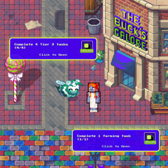 A pixel-art screenshot of a retro video game showing a character standing near a building labeled 'LIL' BUCK'S FOODS', with menu text reading 'Complete & Turn In Tank' and 'Farming Task - Cash to burn'.
