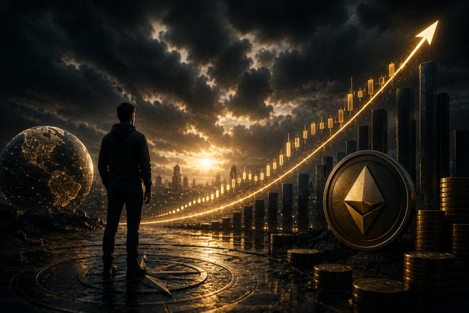 A lone figure stands silhouetted against a dramatic sunset, gazing at a massive Ethereum coin and an ascending glowing chart arrow above a futuristic cityscape.