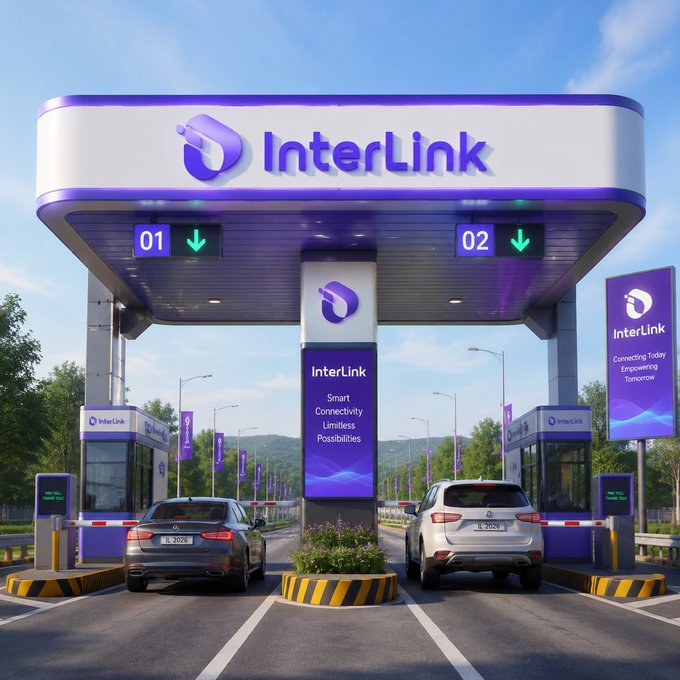 A futuristic InterLink toll plaza or service station with two lanes (01 and 02) marked by green arrows, featuring purple-lit signage with the tagline 'Smart Connectivity, Limitless Possibilities' and cars passing through.