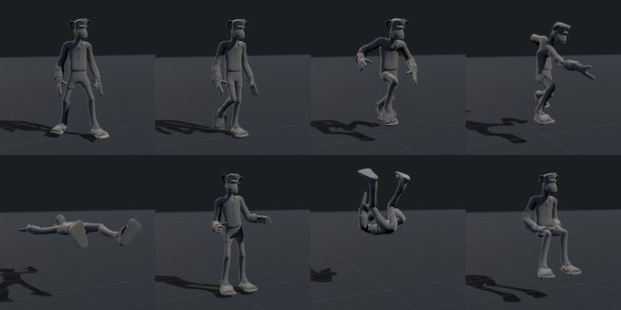 The image displays a 3D animation of a monkey character in various poses, from standing to falling, possibly illustrating movement cycles for the associated code "GSp4qePZUHBtt5f4gE6AsRC9JUUqeZEJLeN2JZxLpump."