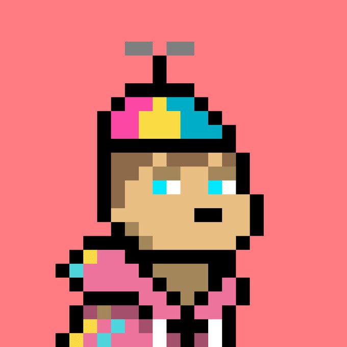 Pixel art of a character with a colorful party hat, brown hair, and pink clothing against a coral pink background.