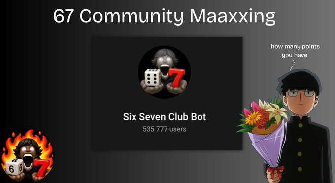 A meme-style image titled '67 Community Maaxxing' showing a 'Six Seven Club Bot' with 535,777 users, featuring an anime character holding flowers asking 'how many points you have'.
