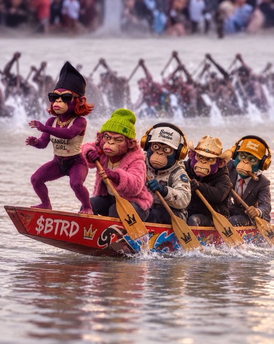 An artistic illustration depicts several monkeys in various outfits (including a 'CANDLE GIRL' and 'Bored Pirate') paddling a canoe labeled '$BTRD' in the water, with other monkeys rowing in the background.