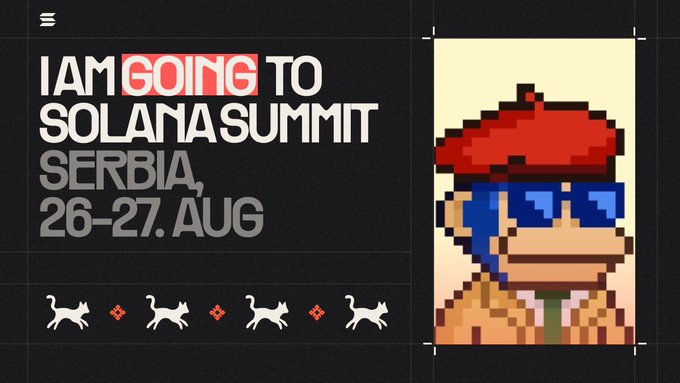 Announcement image stating 'I AM GOING TO SOLANA SUMMIT SERBIA, 26-27. AUG' alongside a pixel art monkey wearing a red cap and sunglasses.