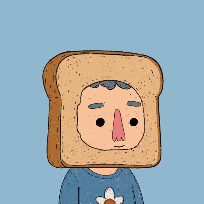 A whimsical illustration shows a person wearing a slice of toast as a head, fitting perfectly with the caption "Gm my unusual family" by portraying an eccentrically dressed family member.