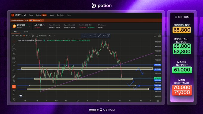 The image shows a computer screen displaying charts from a cryptocurrency trading platform called Potion. The charts indicate that Bitcoin has lost key support levels after bouncing off a series of major resistance zones, suggesting recent weakness in its value. This information is crucial for investors or traders who are monitoring and making decisions about the cryptocurrency market.
