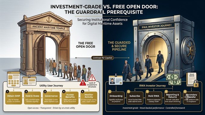 An infographic titled 'INVESTMENT-GRADE VS. FREE OPEN DOOR: THE GUARDRAIL PREREQUISITE' contrasting a 'Utility User Journey' through an Ancient Maritime Temple with an 'RWA Investor Journey' through a secure pipeline, detailing steps like onboarding, subscribing, and holding assets.