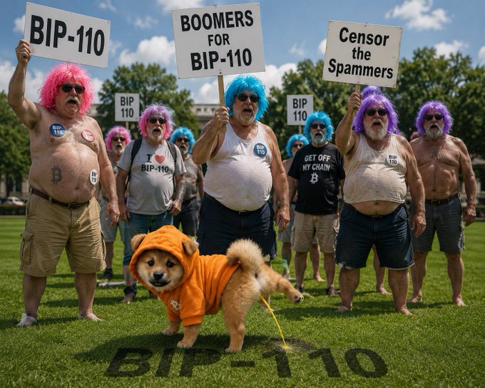A humorous image of older men in colorful wigs holding protest signs reading 'BIP-110,' 'BOOMERS FOR BIP-110,' and 'Censor the Spammers,' with a small dog in an orange hoodie walking on 'BIP-110' text.