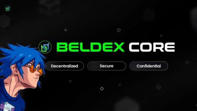A promotional graphic for 'BELDEX CORE' with the tagline 'Decentralized, Secure, Confidential', featuring an anime-style blue-haired character wearing orange sunglasses on a dark background.
