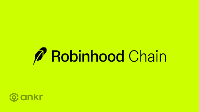 The image features a bright green background displaying the "Robinhood Chain" logo in black, alongside the "ankr" logo in the bottom-left corner, visually promoting the integration of Robinhood Chain's Ethereum L2 with Ankr RPC services.