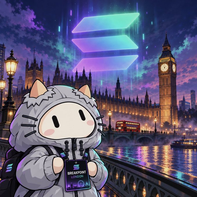 A digital illustration of a cartoon character in a cat-eared hoodie with a 'BREAKPOINT LONDON' badge, set against a backdrop of London's skyline including Big Ben.