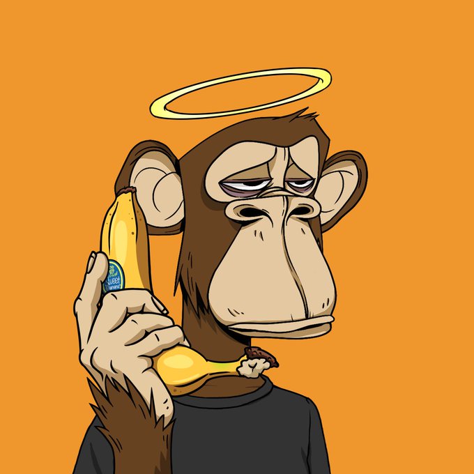 A cartoon illustration of a weary-looking brown monkey with a yellow halo above its head, holding a peeled banana to its ear like a phone against an orange background.