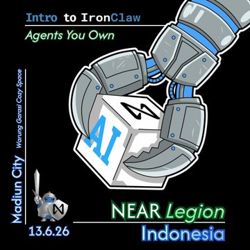 The image features a cartoon robot claw holding a white cube with blue edges. The caption below the image reads "NEAR Legion Indonesia Roadshow: A.I. Agents You Own is heading to Madiun and Kediri. Join us for an intro to IronClaw, NEAR Blockchain, and the future of Web3 + AI".