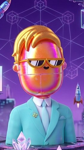 A 3D-rendered stylized character with golden hair and sunglasses wearing a teal suit, set against a purple background with rocket ships and geometric shapes.