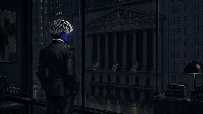 A dark, stylized illustration of a man in a suit looking out an office window at the New York Stock Exchange building at night, with American flags visible.